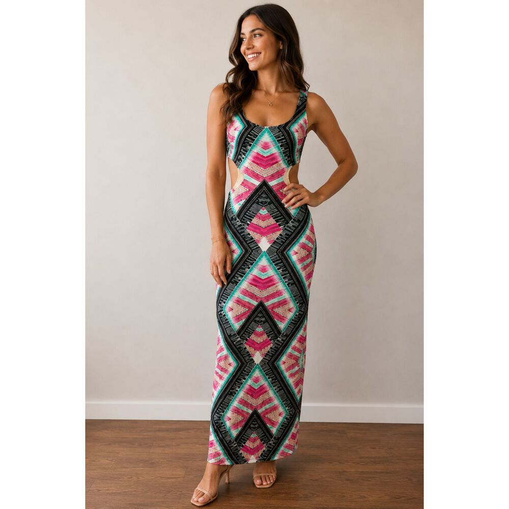 NWT Bebe $119 Cut-Out Maxi Dress Multicolor Geometric Print Women's XS